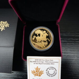 2018 $20 The 1908 Sovereign – 110th Anniversary of the Royal Canadian Mint – 1 oz Pure Silver Gold-Plated Coin