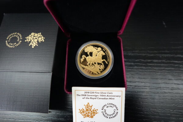 2018 $20 The 1908 Sovereign – 110th Anniversary of the Royal Canadian Mint – 1 oz Pure Silver Gold-Plated Coin