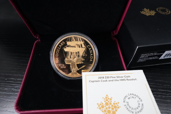 2018 $30 Captain Cook and the HMS Resolution – 2 oz Pure Silver Gold-Plated Coin - Image 3