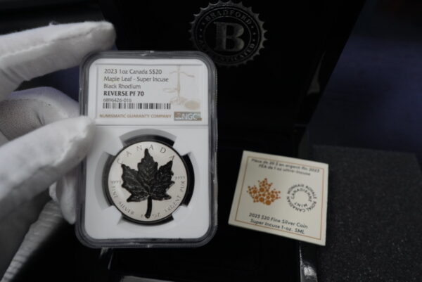 2023 $20 Canada Super Incuse Maple Leaf Silver Proof – Black Rhodium, NGC PF70 - Image 7