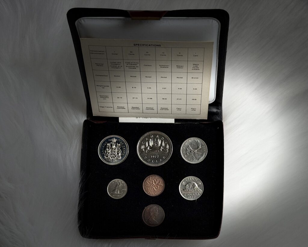 1979 Canada Specimen Set – Double Penny & Voyageur – 7 Coins – Leather-Like pocket-size maroon presentation case